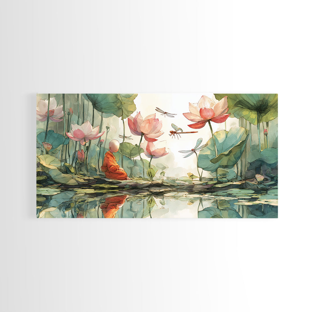 Serene Meditating Monk Among Lotus Flowers And Dragonflies Wall Art Beautiful Calm Nature Scene Framed Canvas Print