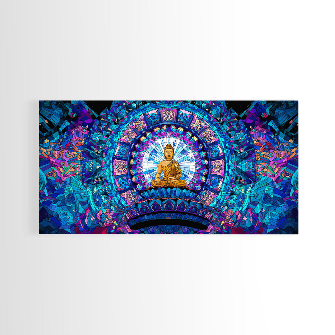 Stained Glass Style Blue Buddha Meditation Wall Art Framed Canvas Print For Spa Decor And Spiritual Home Decor
