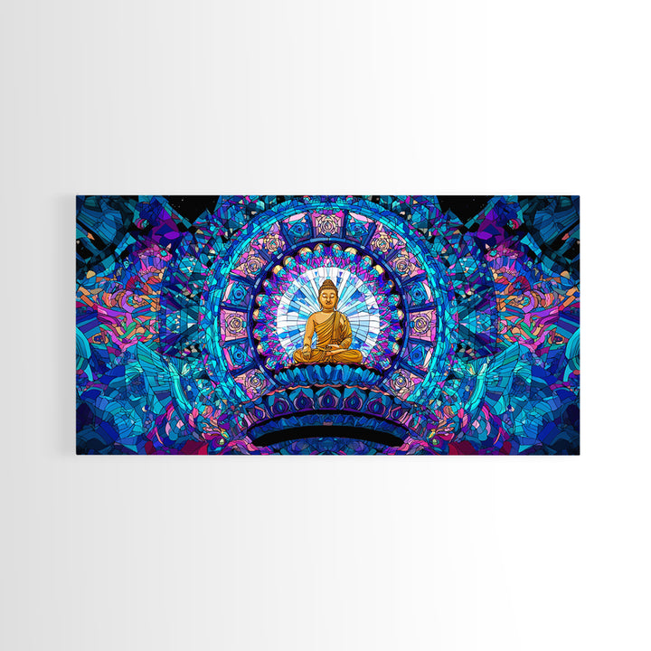 Stained Glass Style Blue Buddha Meditation Wall Art Framed Canvas Print For Spa Decor And Spiritual Home Decor