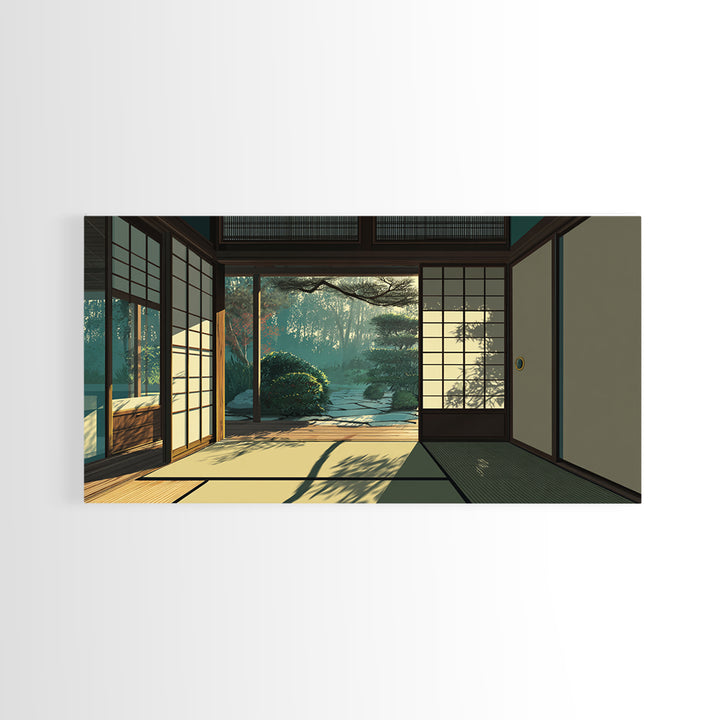 Sunlit Japanese Interior With Garden View Painting Canvas Print Minimalist Wall Art For Bedroom And Office