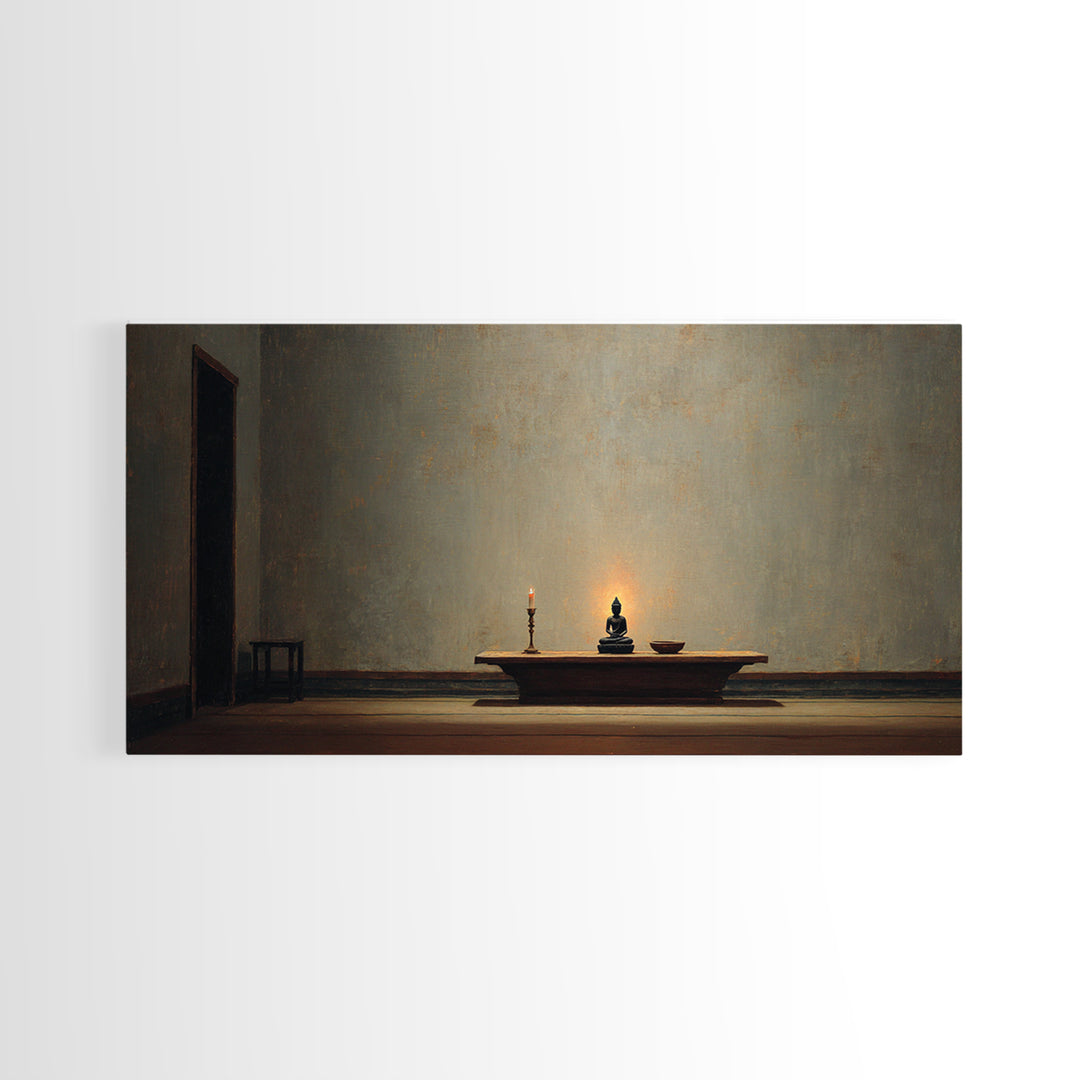 Minimalist Zen Home Decor Buddha Statue With Candle On Wooden Table Wall Art