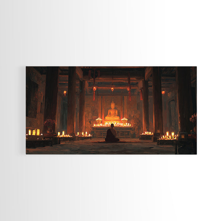 Serene Buddha Meditation In Candlelit Temple Painting Wall Art Home Spiritual Canvas Print Zen Decor