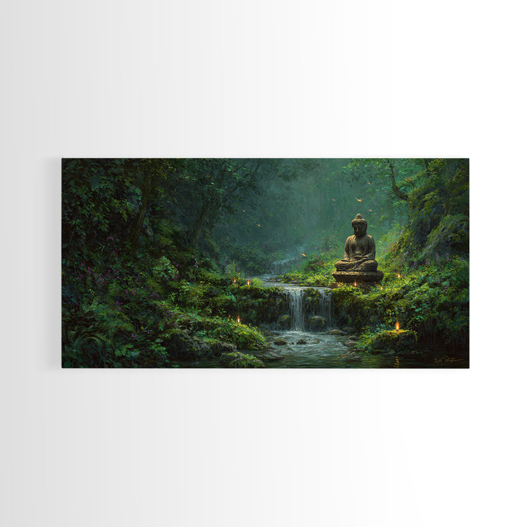 Serene Buddha Statue Waterfall Forest Scene Tranquil Landscape Wall Art Framed Canvas Print To Create Zen Home Decor Or Meditation Room