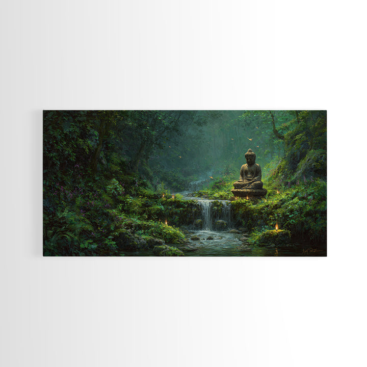 Serene Buddha Statue Waterfall Forest Scene Tranquil Landscape Wall Art Framed Canvas Print To Create Zen Home Decor Or Meditation Room