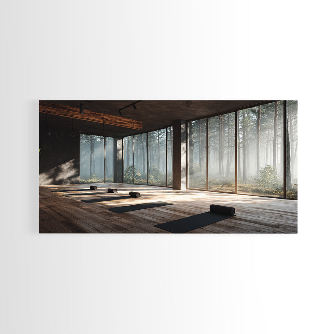 Peaceful Yoga Studio Interior With Forest View Wall Art Canvas Print Modern Office Decor Tranquil Space