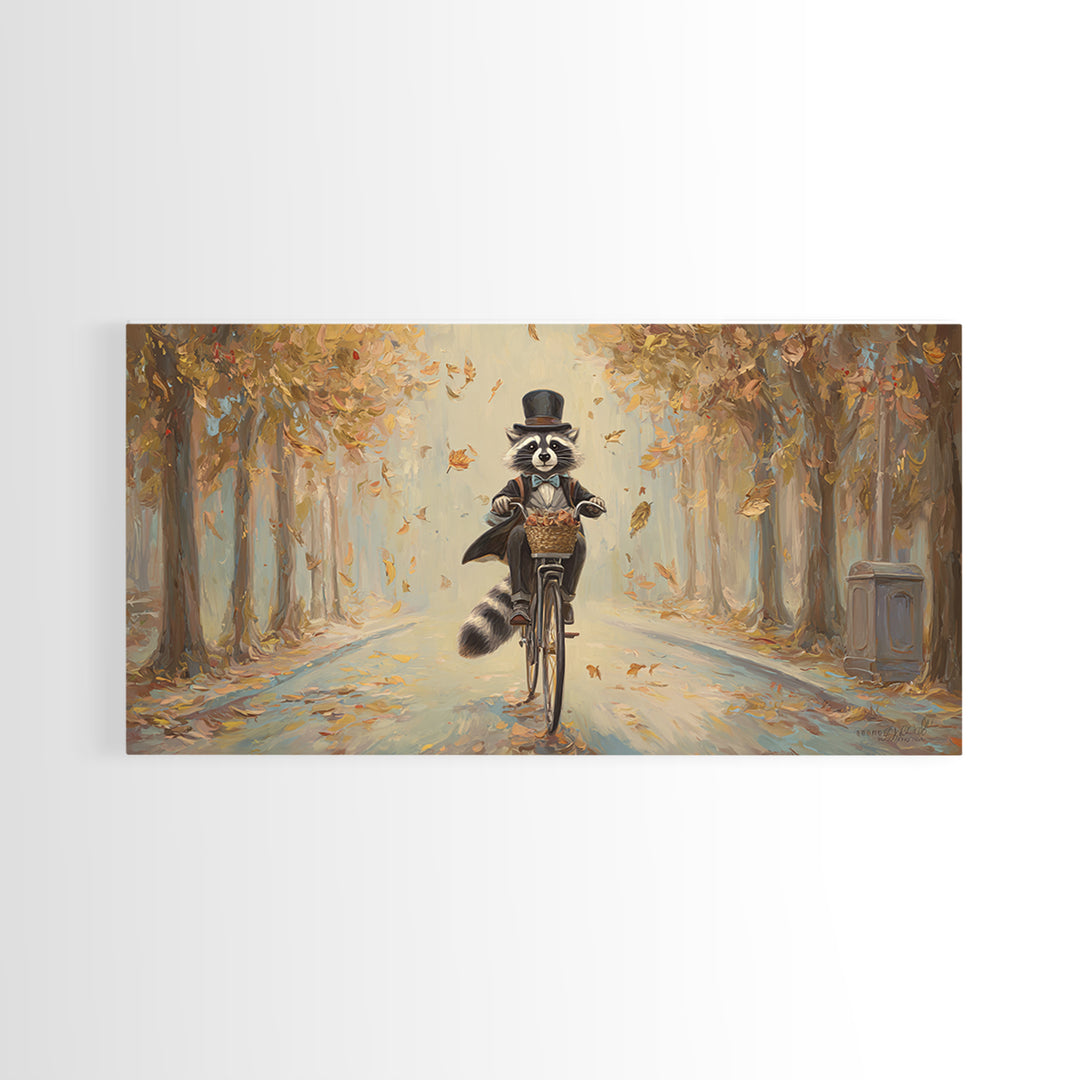 Whimsical Raccoon Riding Bicycle Canvas Print, Autumn Wall Art, Cute Animal Art, Kids Room Decor, Nursery Wall Art, Gift