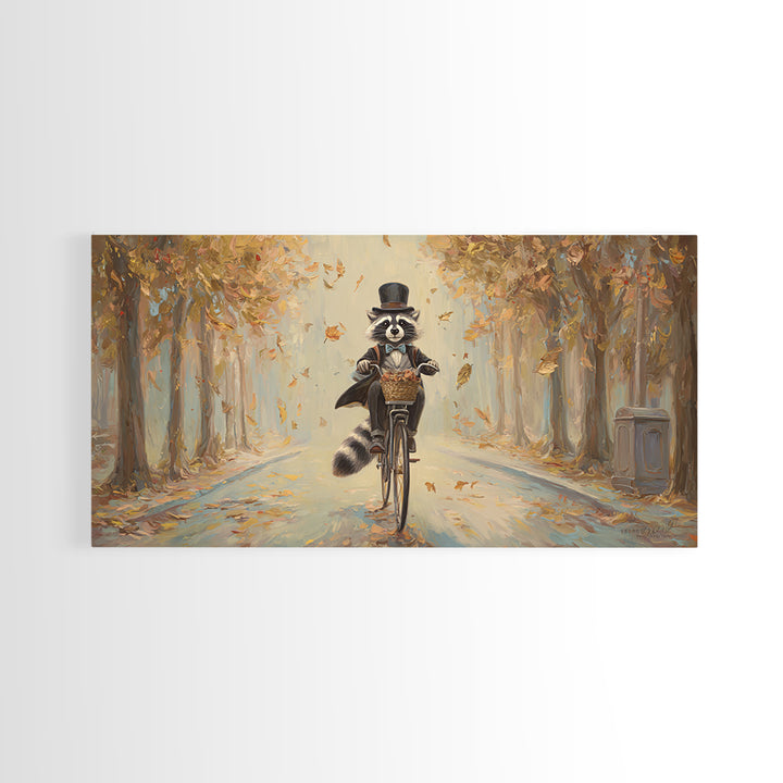 Whimsical Raccoon Riding Bicycle Canvas Print, Autumn Wall Art, Cute Animal Art, Kids Room Decor, Nursery Wall Art, Gift