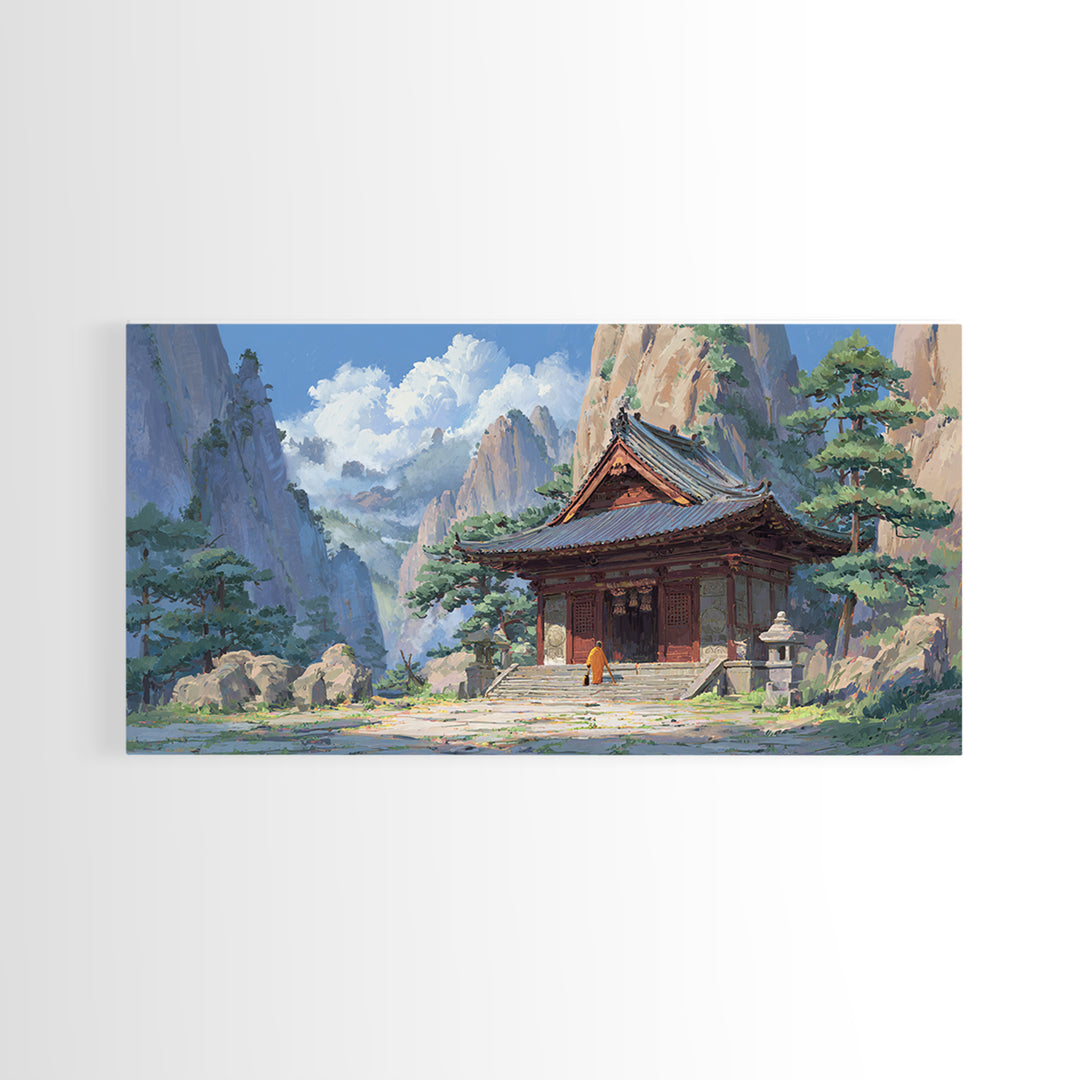 Peaceful Buddhist Temple Amid Mountains With Morning Mist Landscape Wall Art, Original Artwork Framed Canvas Print, Zen Decor