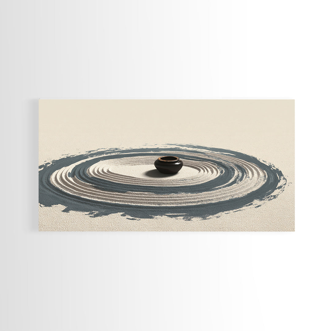Zen Garden Sand Spiral With Ceramic Pot Minimalist Spiritual Wall Art For Meditation Room Decor Framed Canvas Print