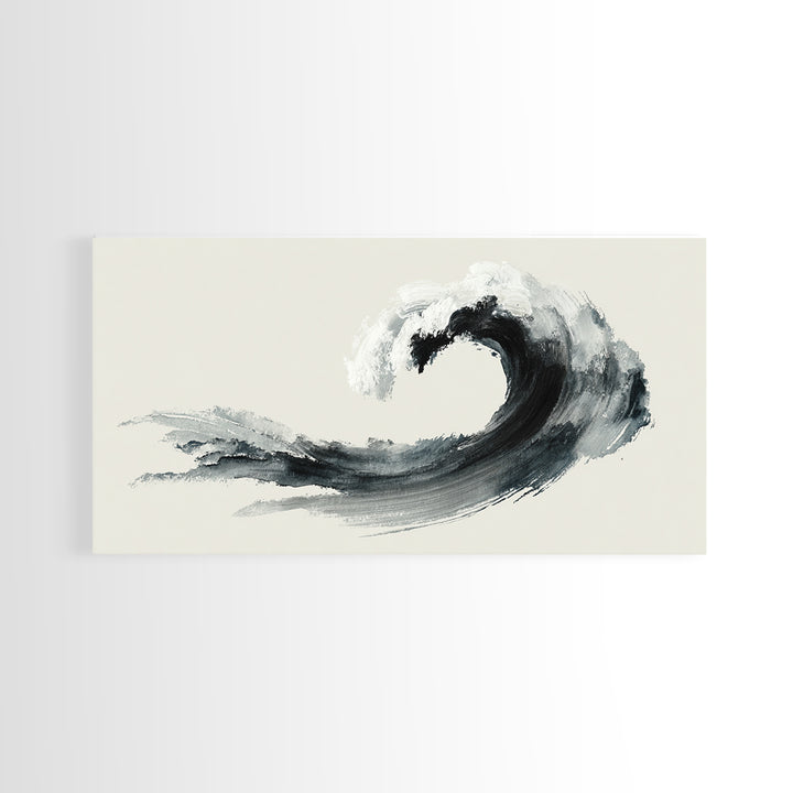 Japanese Ink Painting Black Wave Minimalist Brush Stroke Abstract Art Wall Art Framed Canvas Print For Modern Living Room Decor