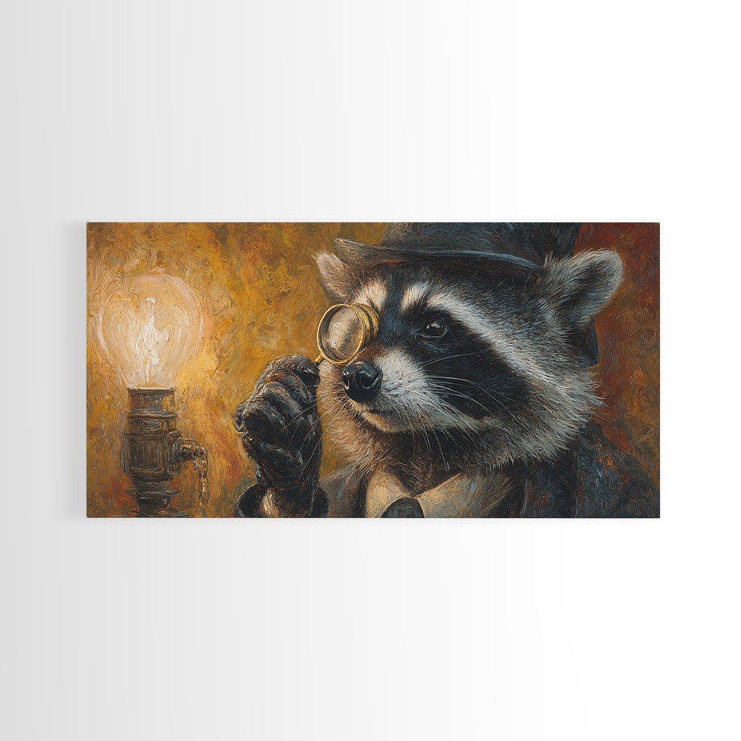 Raccoon Detective With Magnifying Glass Canvas Print, Whimsical Animal Wall Art, Steampunk Decor, Quirky Office Art, Gift
