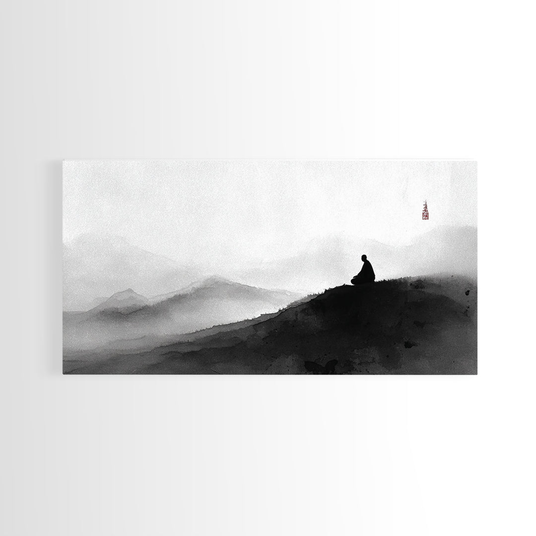Peaceful Black And White Zen Mountain Meditation Wall Art Framed Canvas Print Spiritual Decor