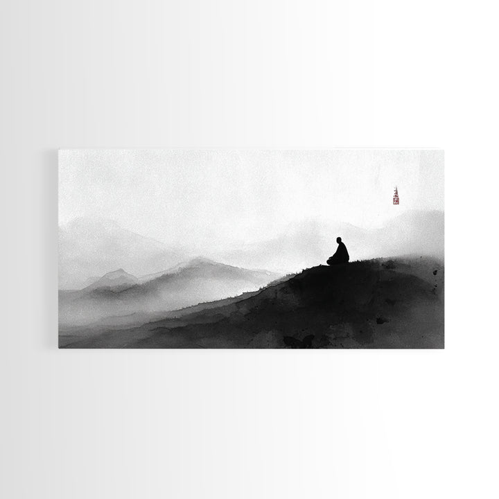 Peaceful Black And White Zen Mountain Meditation Wall Art Framed Canvas Print Spiritual Decor
