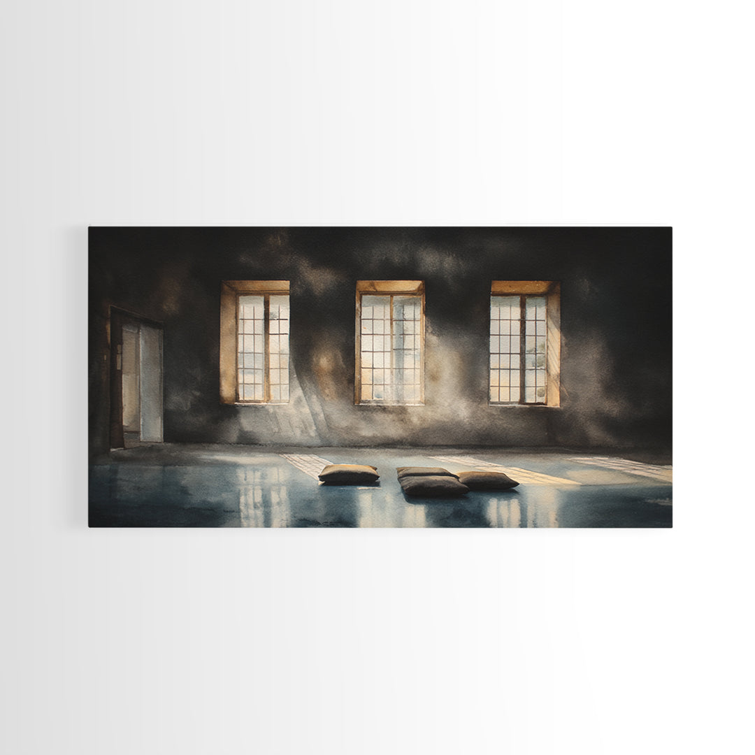 Sunlit Empty Room With Cushions And Large Windows Oil Painting Canvas Print Moody Wall Art For Minimalist Office Decor
