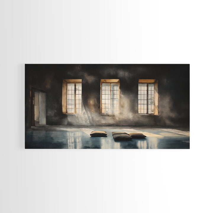 Sunlit Empty Room With Cushions And Large Windows Oil Painting Canvas Print Moody Wall Art For Minimalist Office Decor