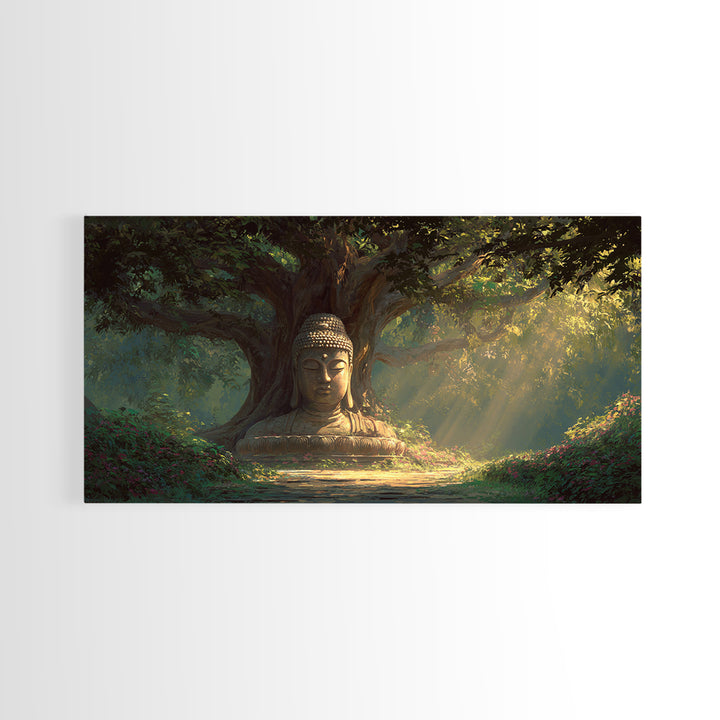 Serene Buddha Statue In Lush Forest Meditation Wall Art Framed Canvas Print For Zen Home Decor And Spiritual Wall Decor