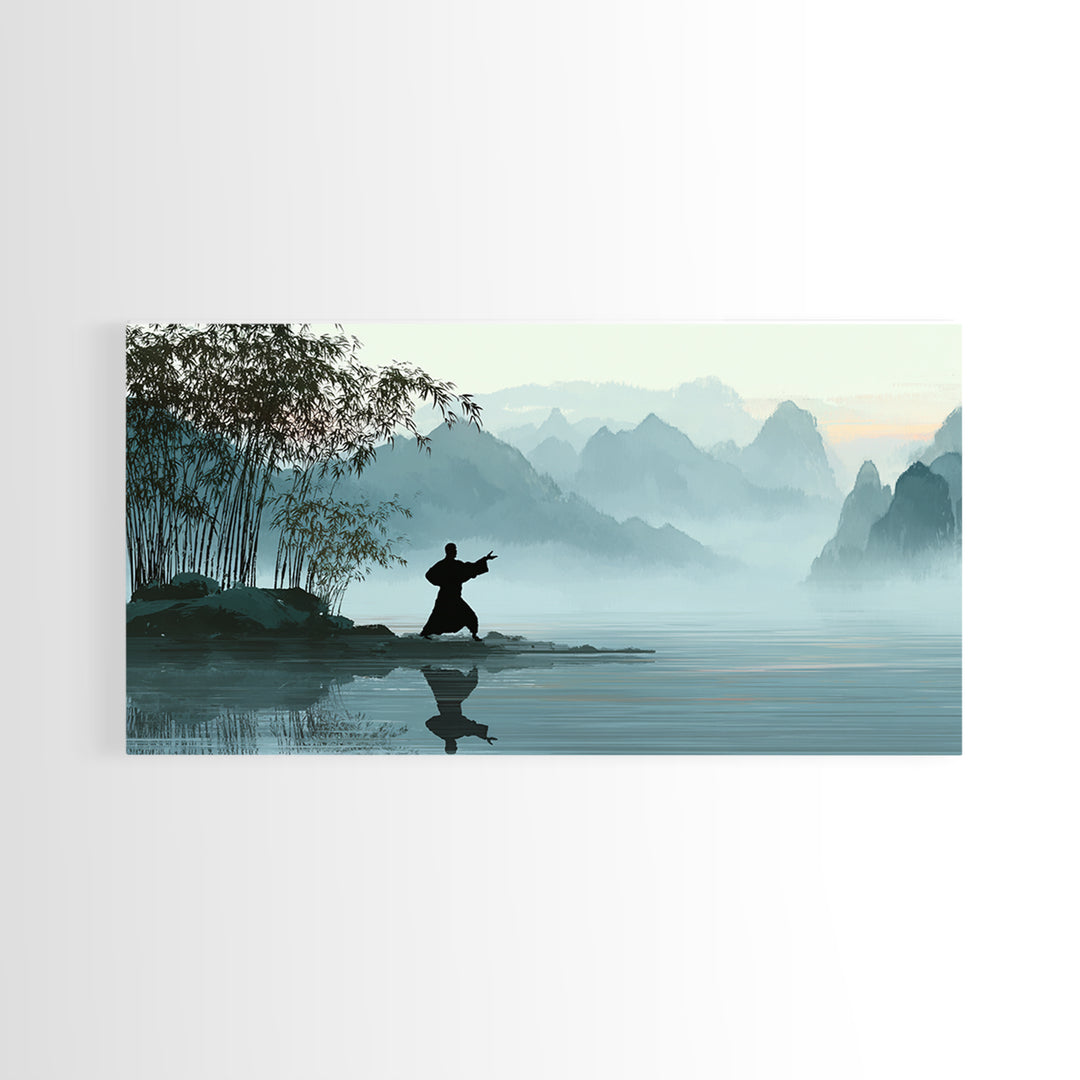 Serene Landscape With Taiji Practitioner By Water Misty Mountains Background Canvas Print Modern Wall Art Home Decor