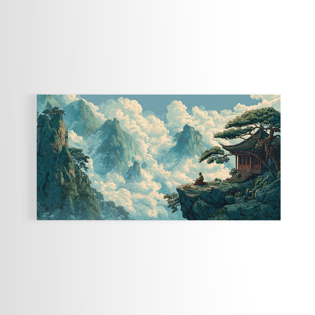 Serene Asian Landscape With Meditating Monk On Cliff Wall Art Modern Wall Decor Framed Canvas Print For Zen Living Room