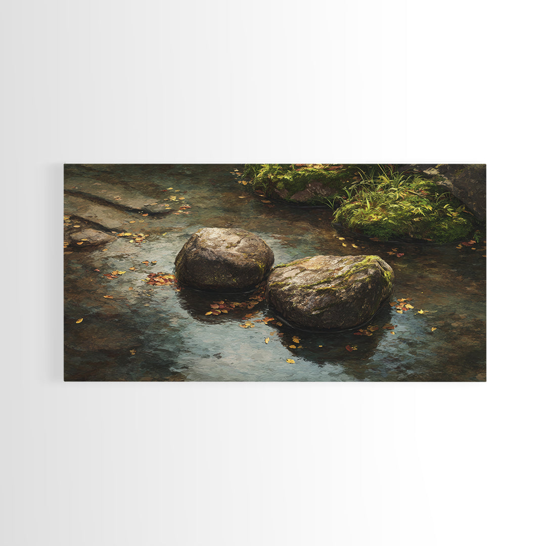 Close Up Nature Landscape Painting With Stream And Rocks Canvas Print Wall Art For Rustic Farmhouse Home Decor