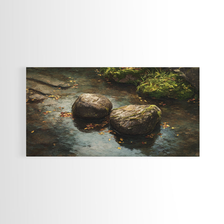 Close Up Nature Landscape Painting With Stream And Rocks Canvas Print Wall Art For Rustic Farmhouse Home Decor