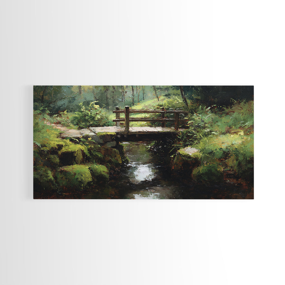 Nature Trail With Wooden Bridge Over Stream Forest Waterfall Landscape Painting Canvas Print Wall Art