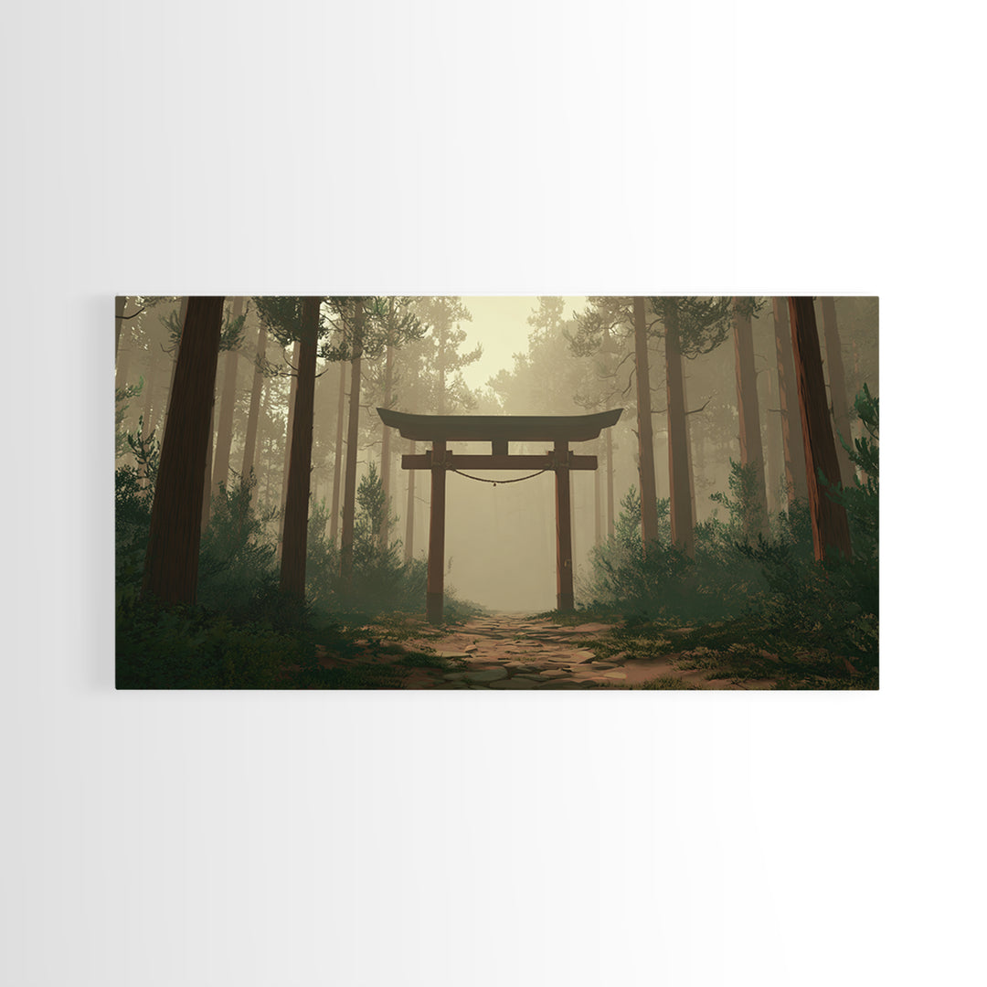 Mystical Japanese Torii Gate In Foggy Forest Scenic Landscape Wall Art Framed Canvas Print For Zen Home Decor And Meditation Space