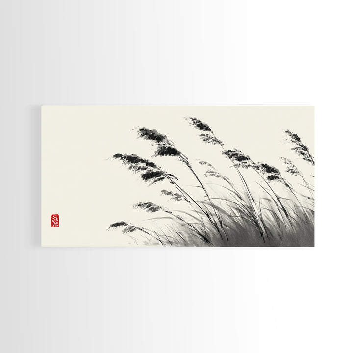 Elegant Monochrome Ink Brush Painting Of Swaying Grasses Minimalist Wall Art Canvas Print For Calm And Serene Home Decor