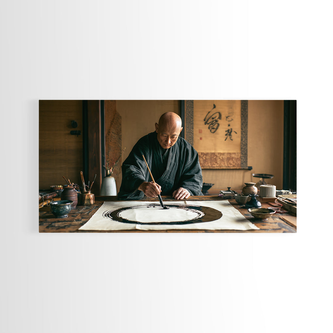 Traditional Japanese Zen Artist Painting Elegant Enso Circle Incalligraphy Studio Framed Canvas Print Wall Art
