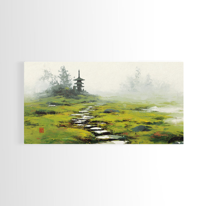 Peaceful Green Japanese Garden Landscape With Pagoda Foggy Morning Wall Art Fine Art Print Framed Canvas Print For Japanese Wall Decor