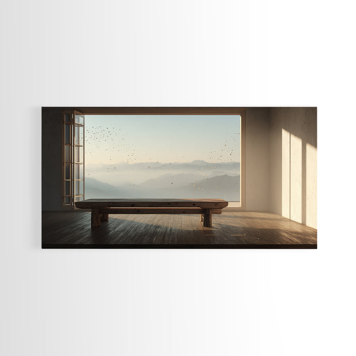 Serene Minimalist Room With Large Window Overlooking Mountain Landscape Zen Wall Art Canvas Print For Calm Living Room Decor Or Office Decoration