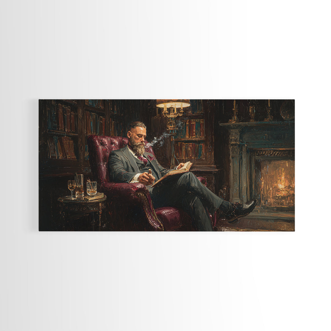 Bearded Man Reading By Fireplace Wall Art, Cozy Library Decor, Dark Academia Art, Book Lover Gift, Office Decor, Living Room Art