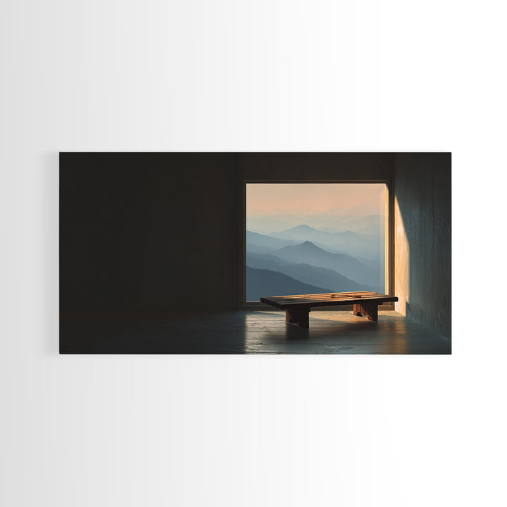 Serene Minimalist Interior With Mountain View Framed Canvas Print Home Decor Wall Art Living Room Decor Relaxing Art
