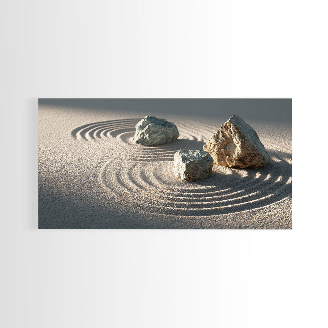 Zen Japanese Rock Garden With Sand And Stones Minimalist Wall Art Canvas Print For Calming Home Decor And Meditation Space