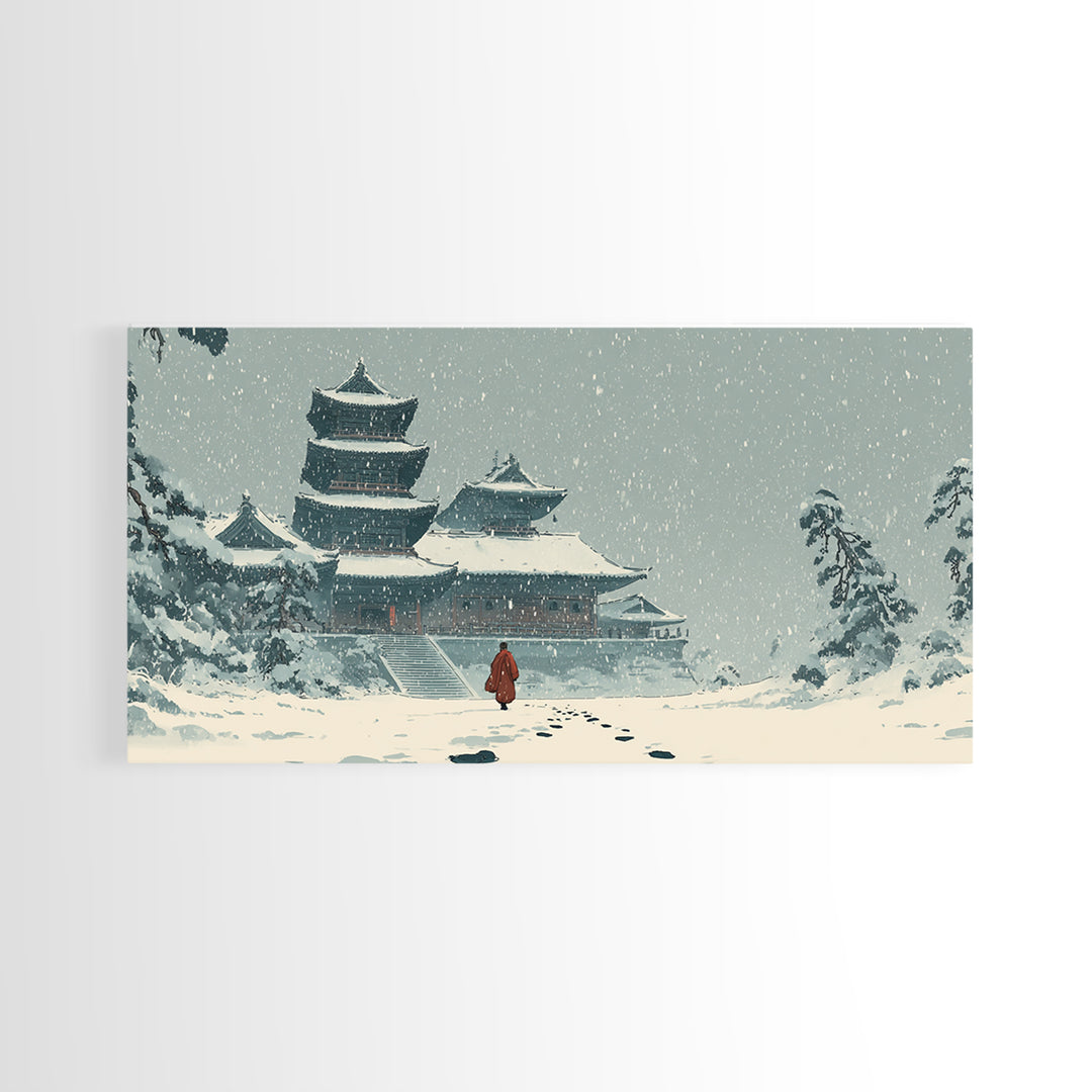 Snowy Temple Scene With Footprints In The Snow Winter Landscape Painting Framed Canvas Print