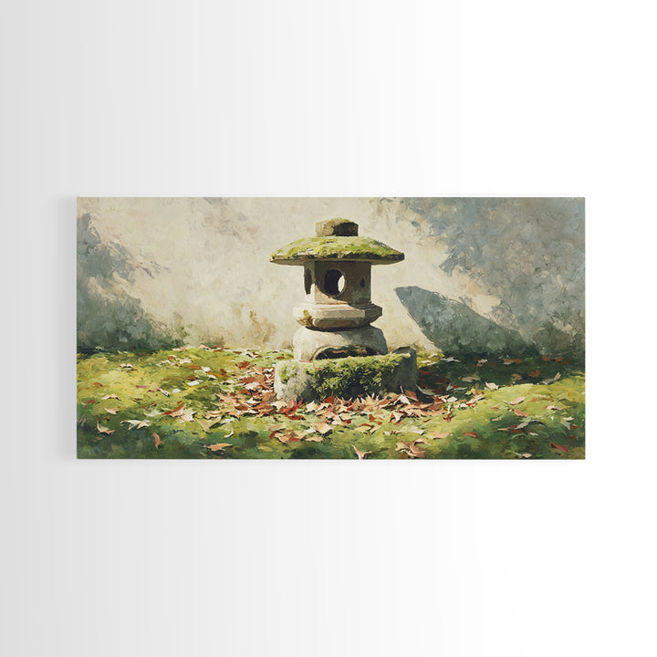 Classic Japanese Stone Lantern In Autumn Garden With Fallen Leaves Wall Art Traditional Asian Garden Canvas Print Framed