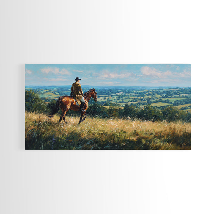 Horse Rider Countryside Landscape Wall Art, Equestrian Canvas Print, Rustic Farmhouse Decor, Horse Lover Gift, Living Room Decor
