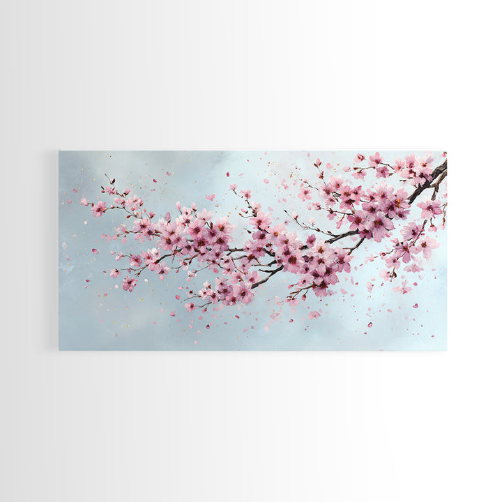 Pink Cherry Blossom Wall Art, Sakura Branch Painting, Japanese Botanical Decor, Spring Floral Living Room Bedroom Canvas Print