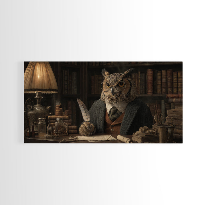 Scholar Owl In Antique Library Canvas Print, Whimsical Animal Wall Art, Dark Academia Decor, Book Lover Gift, Office Art