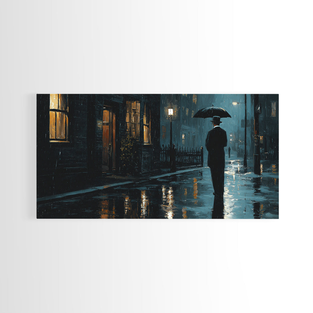 Rainy Noir City Street Wall Art, Blue Urban Night Canvas Print, Moody Office Decor, Dark Academia Living Room Print, Gift