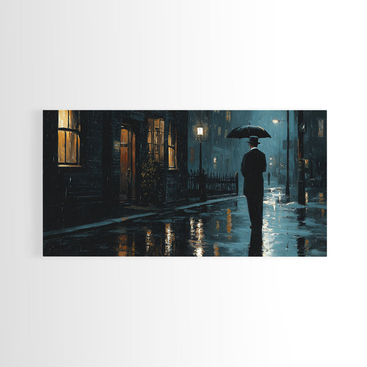Rainy Noir City Street Wall Art, Blue Urban Night Canvas Print, Moody Office Decor, Dark Academia Living Room Print, Gift