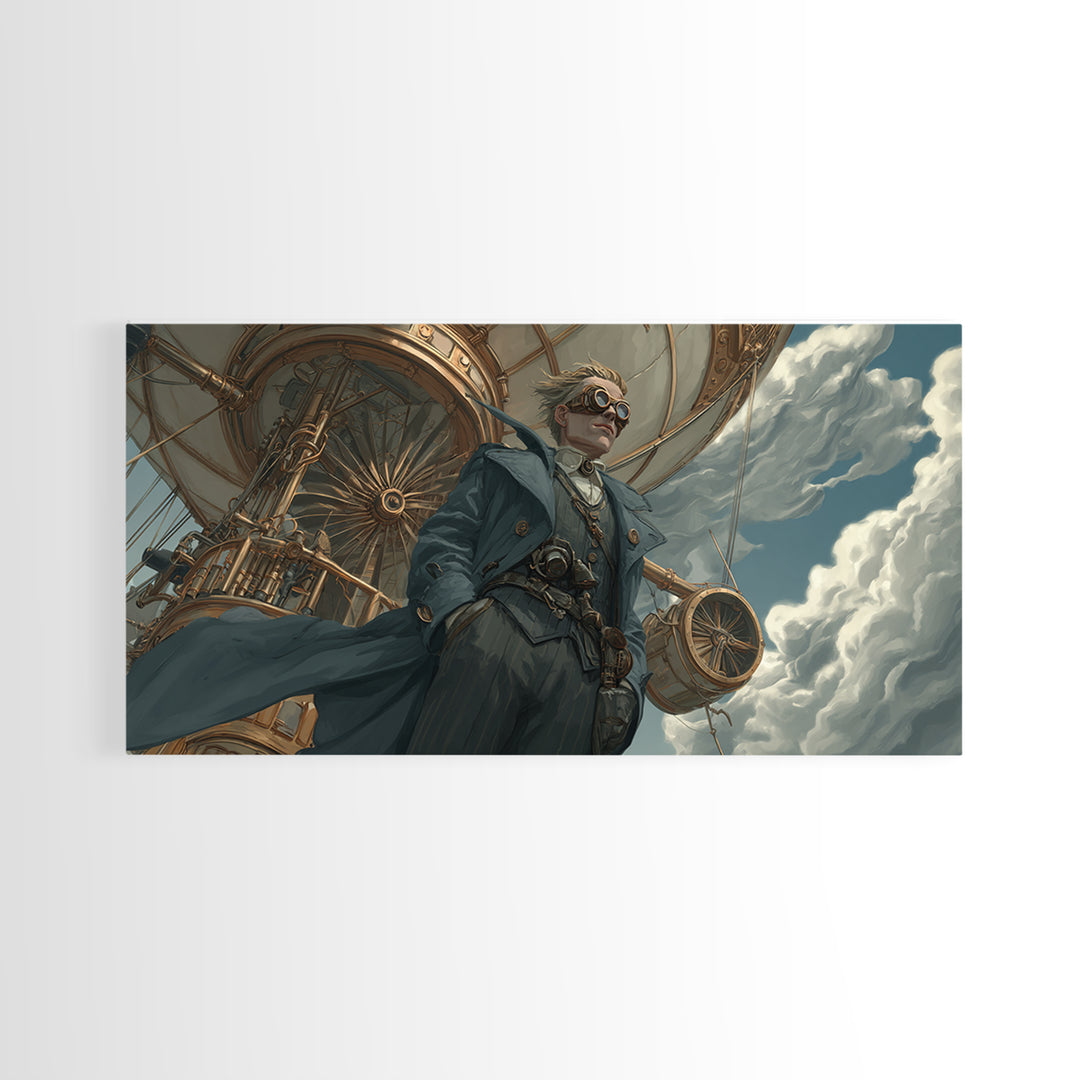 Steampunk Aviator In Blue Coat Canvas Print, Fantasy Wall Art, Industrial Airship Decor, Dramatic Office Art Gift For Him