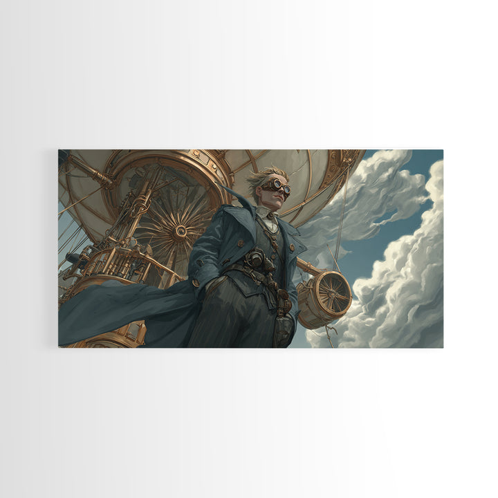 Steampunk Aviator In Blue Coat Canvas Print, Fantasy Wall Art, Industrial Airship Decor, Dramatic Office Art Gift For Him