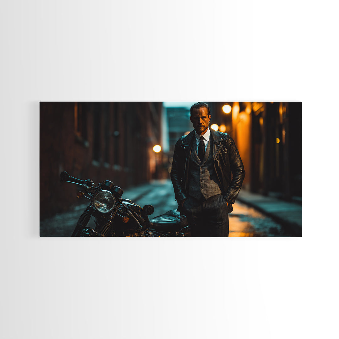 Moody Biker With Motorcycle In Rainy Alley Framed Canvas Print, Masculine Wall Art, Urban Wall Decor, Man Cave Gift For Him