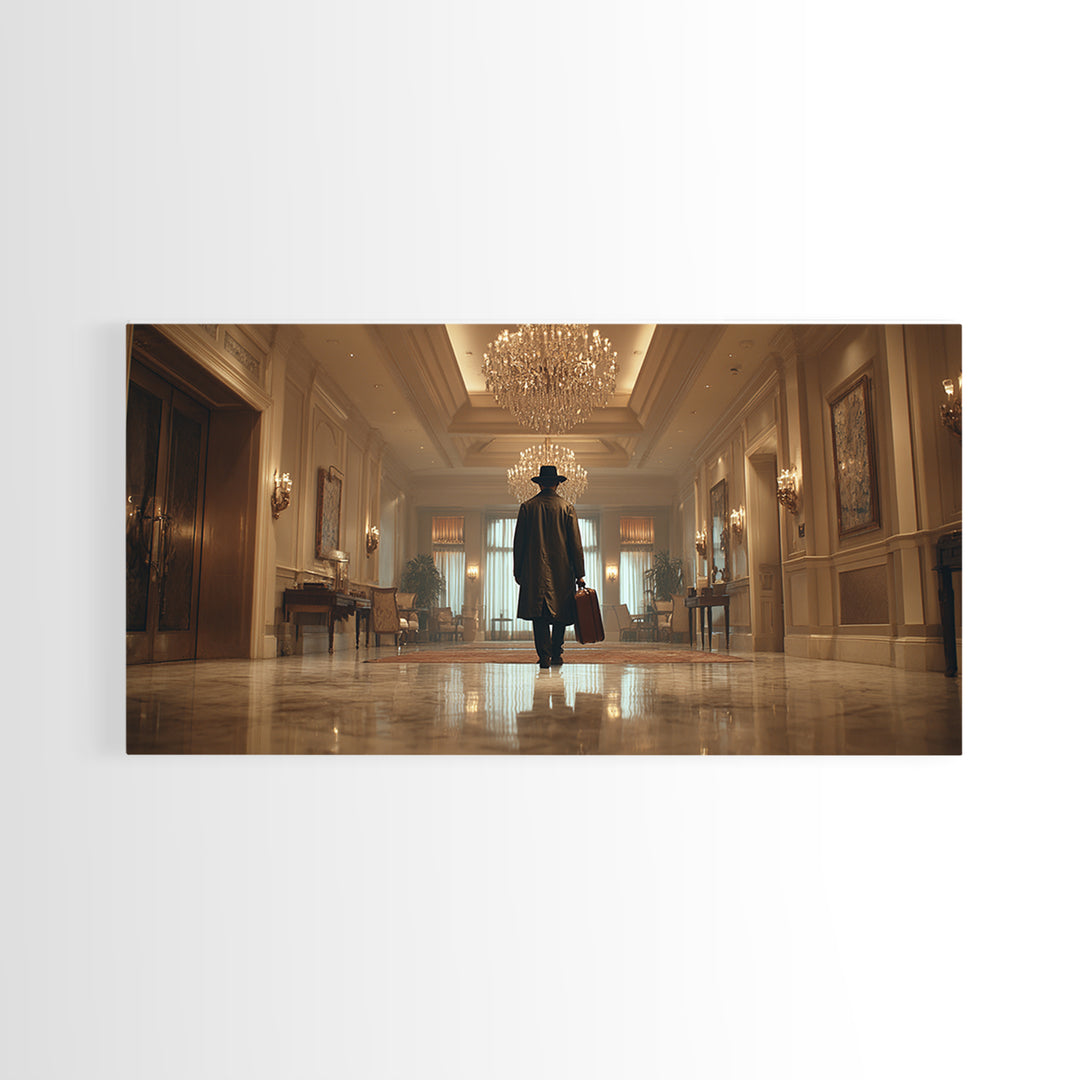 Mysterious Traveler In Luxury Hotel Lobby Canvas Print, Moody Wall Art, Dark Academia Decor, Grand Hallway Office Art Gift