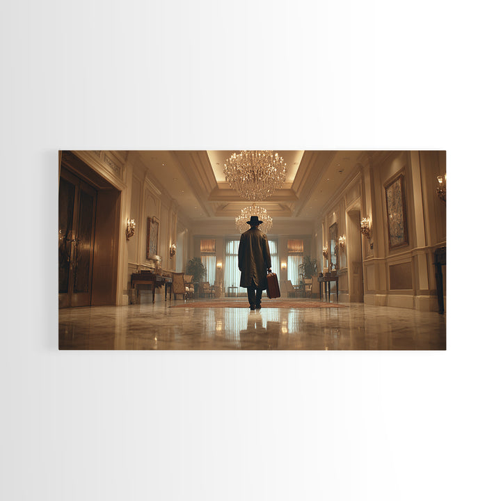 Mysterious Traveler In Luxury Hotel Lobby Canvas Print, Moody Wall Art, Dark Academia Decor, Grand Hallway Office Art Gift