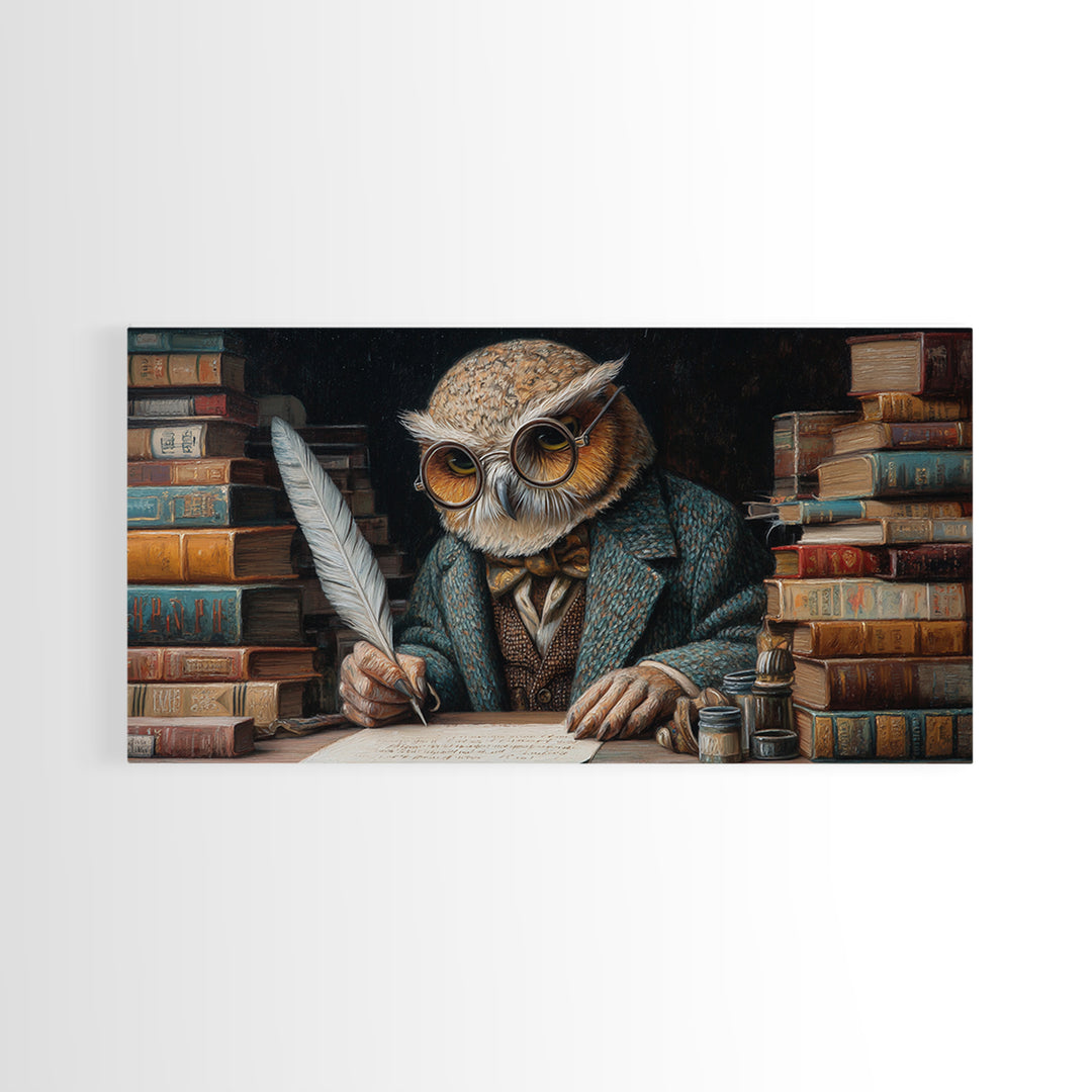 Scholarly Owl Writing Among Antique Books Framed Canvas Print, Whimsical Wall Art, Library Decor, Dark Academia, Bird Lover Gift