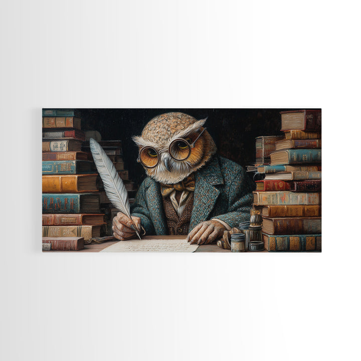 Scholarly Owl Writing Among Antique Books Framed Canvas Print, Whimsical Wall Art, Library Decor, Dark Academia, Bird Lover Gift