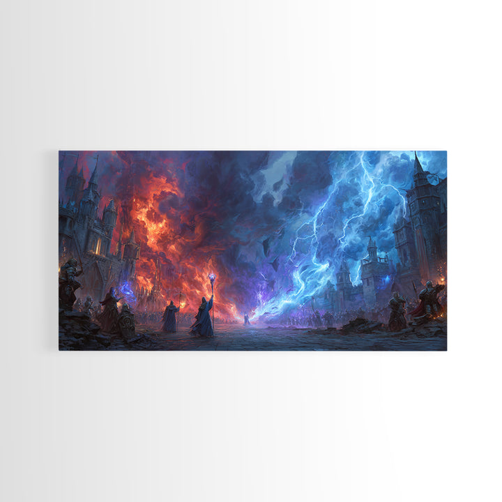 Epic Fire And Lightning Battle Wall Art, Dark Fantasy Art, Dragon Castle Scene, Gothic Wall Decor, Gaming Room Decor, Sci Fi Art