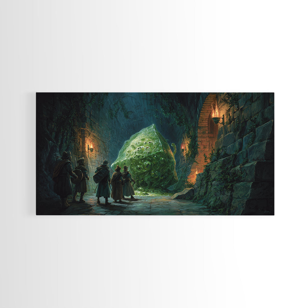 Adventurers Face A Green Slime Monster Canvas Print, Fantasy Art, Dungeon Wall Decor, Dnd Art Print, Gaming Room Decor, Gift