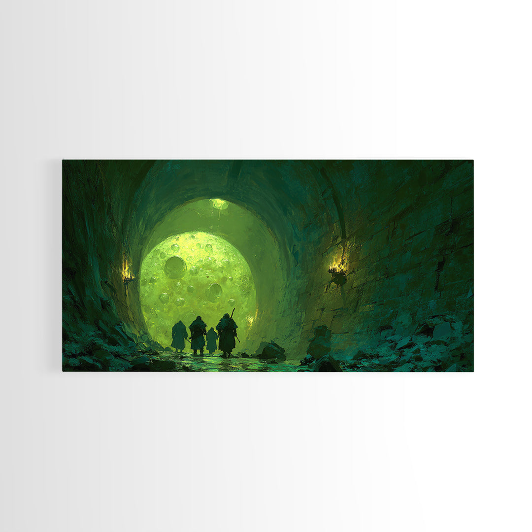 Glowing Green Moon Tunnel Wall Art, Dark Fantasy Landscape, Dungeon Decor, Whimsical Art Print, Gaming Room Wall Decor, Gift